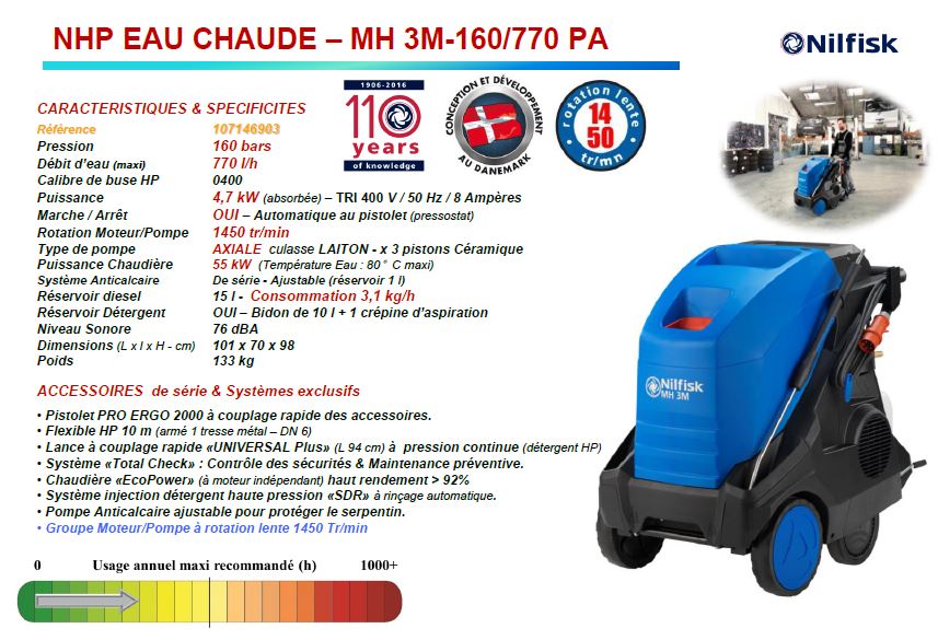 Caractéristiques duettoyeur haute pression eau chaude Nilfisk MH3M-160/770 PA