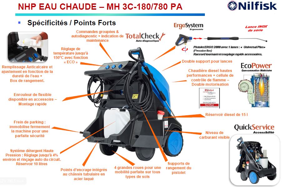 Caractéristiques nettoyeur haute pression eau chaude Nilfisk MH3C-180/780 PA