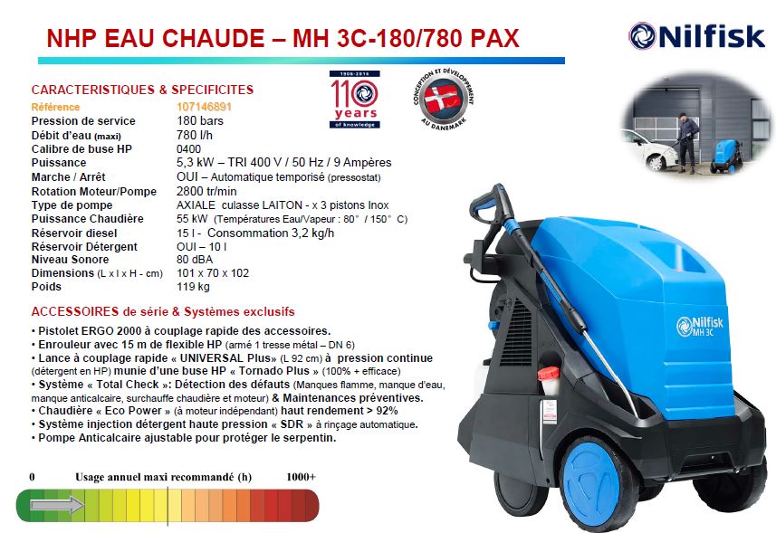 Caractéristiques nettoyeur haute pression eau chaude Nilfisk MH3C-180/780 PAX