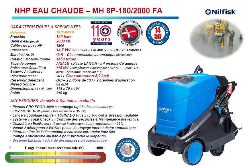 Caractéristiques du nettoyeur haute pression eau chaude Nilfisk MH8P-180/2000 FA