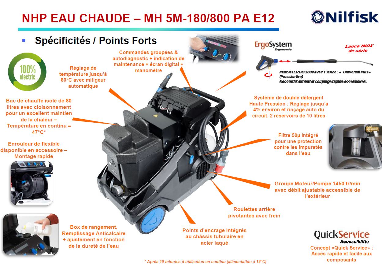 Caractéristiques nettoyeur à chaudière électrique 12kW Nilfisk MH5M-180/800 PA E12