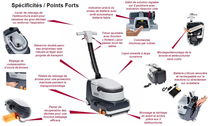Points forts laveuse Nilfisk SC250 B FULL PKG